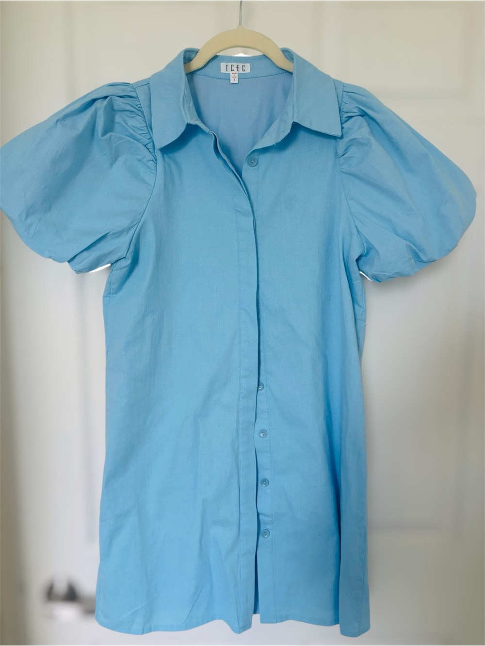 TCEC Light Blue Button-Front Puff Sleeve Mini Dress